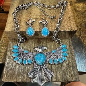 Native American Eagle Turquoise Cabochon Western Jewelry Necklace Set